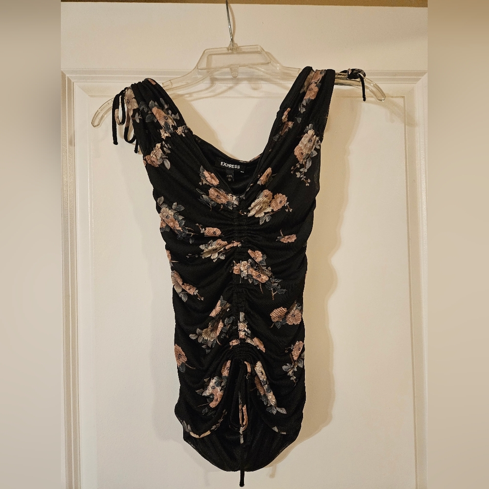 Express Off The Shoulder Ruched Black Floral Top, Xs
